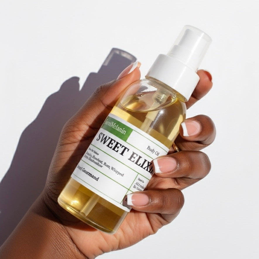 Hand holding a bottle of 'Sweet Elixir' body oil with a white background